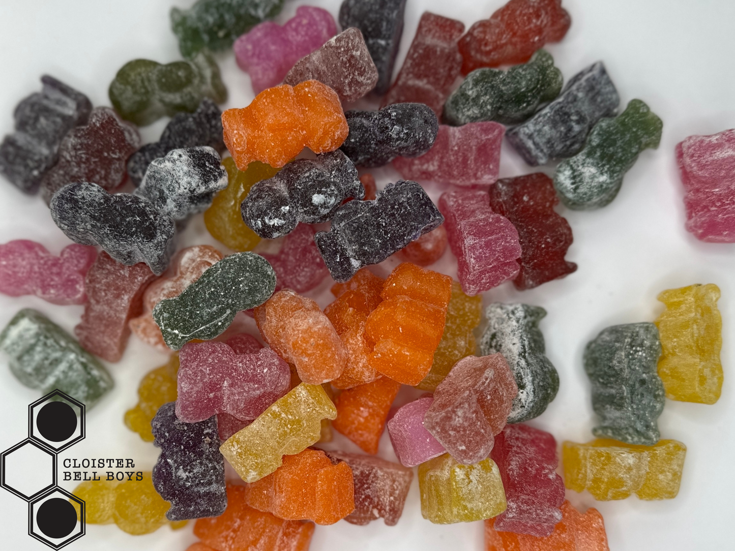 Assorted colorful resin jelly babies on a white background with Cloister Bell Boys logo.